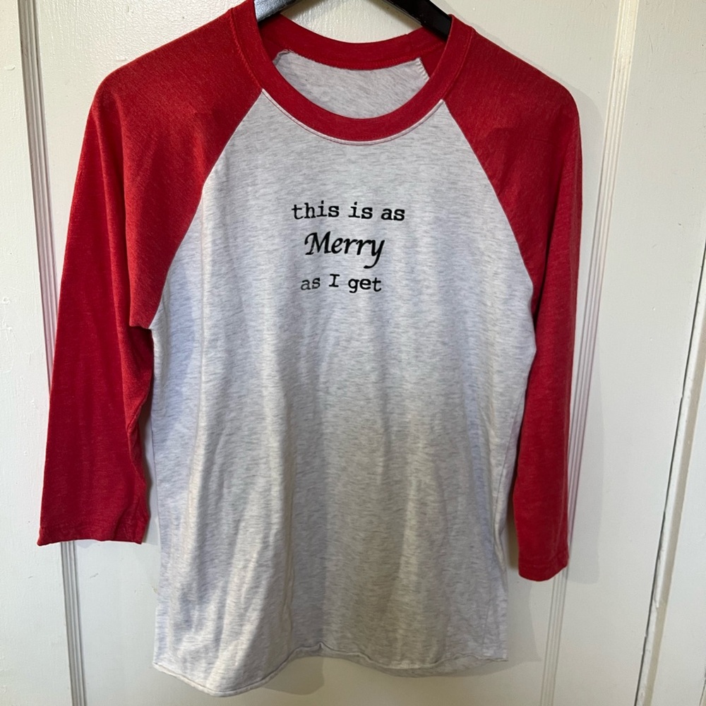 Funny Christmas Baseball Tee "This Is As Merry As I Get" Grey Red Raglan L